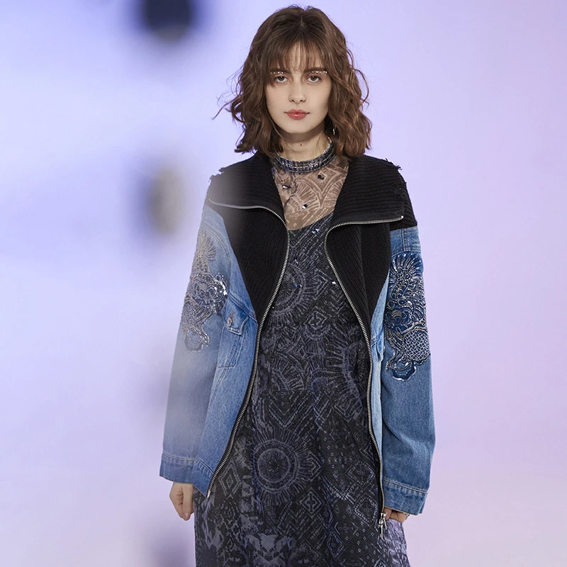 【莲灿】2025秋冬新专柜同款国潮刺绣撞色拼接牛仔外套女71AW396013