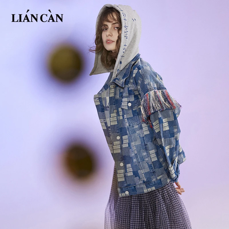莲灿2025年秋冬新几何连帽流苏宽松牛仔外套女71AW396012