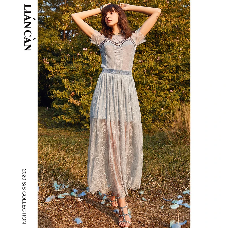 莲灿2024波西米亚牛仔蕾丝拼接百搭高腰半身裙长裙女7120253001
