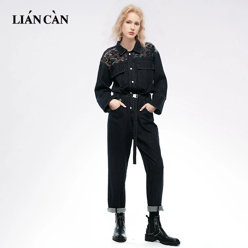 莲灿2025春季新商场同款宽松国潮刺绣蕾丝时尚牛仔裤71AW347007