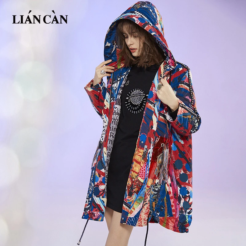 莲灿设计师品牌艺术感印花铆钉连帽中长款棉服外套71AW377009