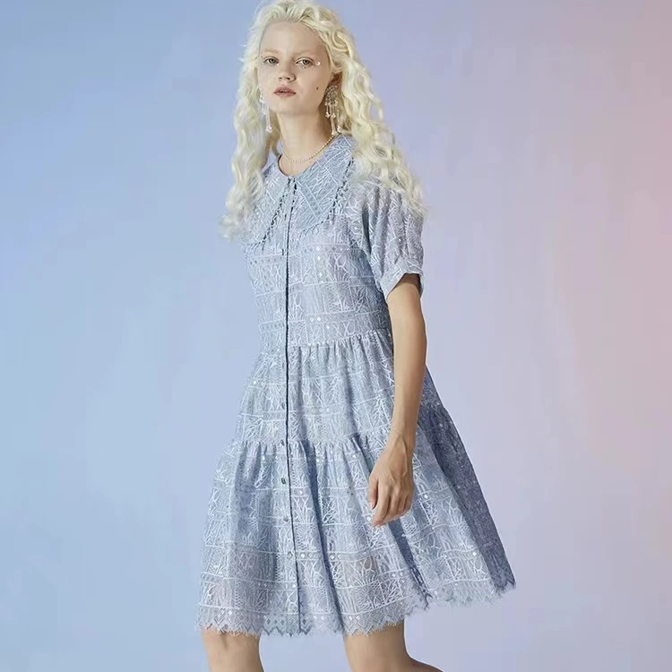 莲灿2025春夏新商场同款波西米亚风时尚蕾丝短袖连衣裙7123220021