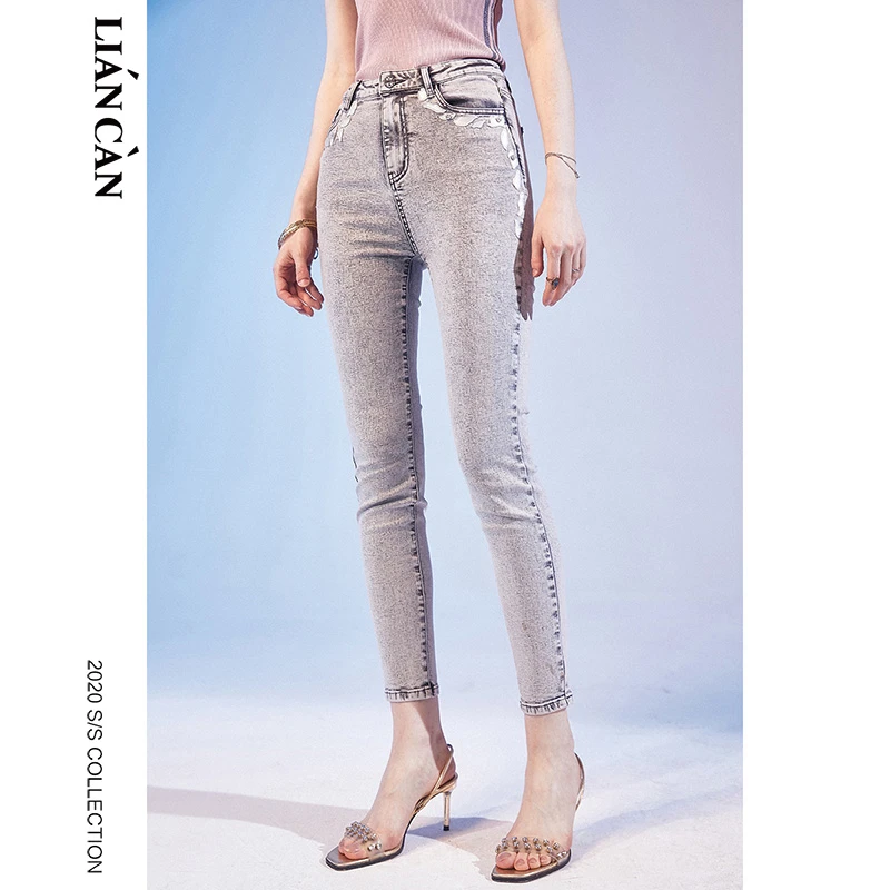 【莲灿】原创复古刺绣钉珠波西米亚高腰牛仔九分裤女7120254004