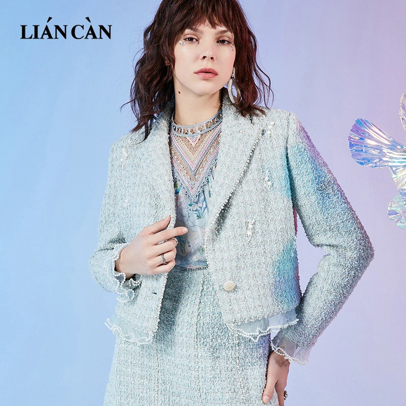 【莲灿】2025秋冬新设计师短款拼接蕾丝珍珠西服大衣外套7121362004