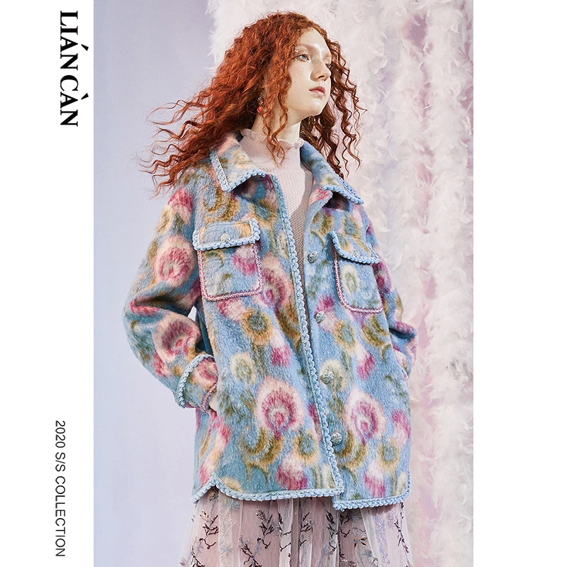 【莲灿】秋冬复古波西米亚风翻驳领撞色毛呢外套大衣7120462007