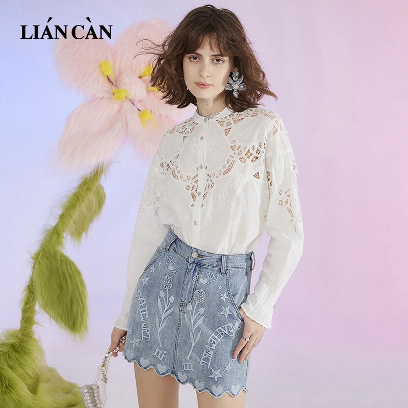 莲灿2025春新商场同款圆领提花镂空刺绣落肩袖长袖衬衫71VF118008