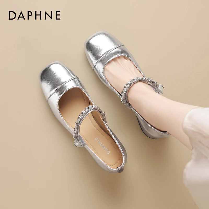 达芙妮银色玛丽珍女鞋法式浅口瓢鞋2025新款真皮鞋配裙子夏季单鞋