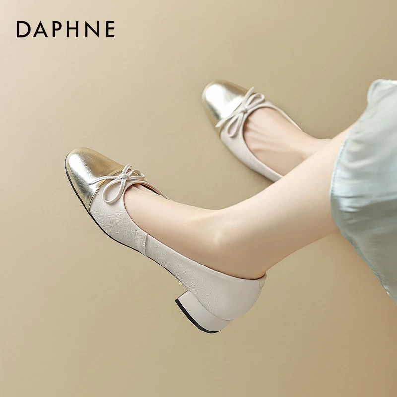 达芙妮单鞋女士夏季2025新款圆头平底鞋低跟浅口女鞋蝴蝶结晚晚鞋