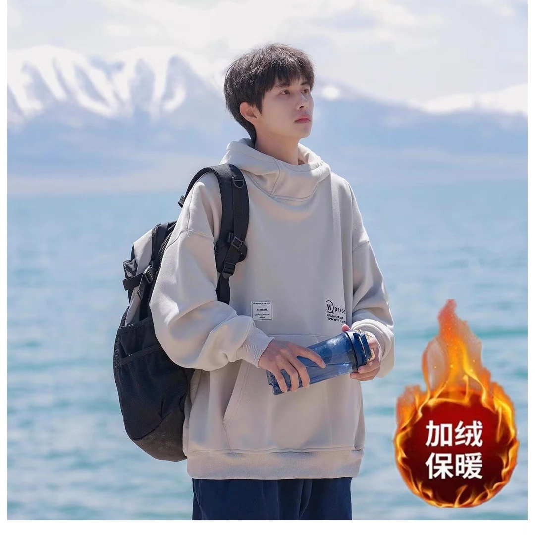 秋冬季加厚防风保暖连帽衫卫衣男女休闲情侣加绒外套潮牌学生衣服