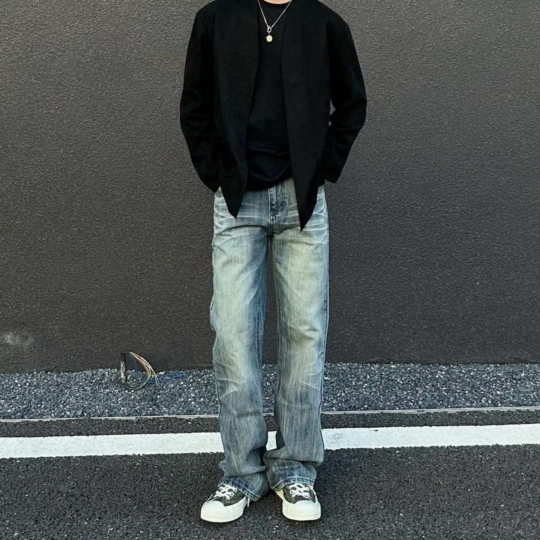 Hans院长 复古雪花纹理美式牛仔裤水洗微喇显瘦高街宽松设计感