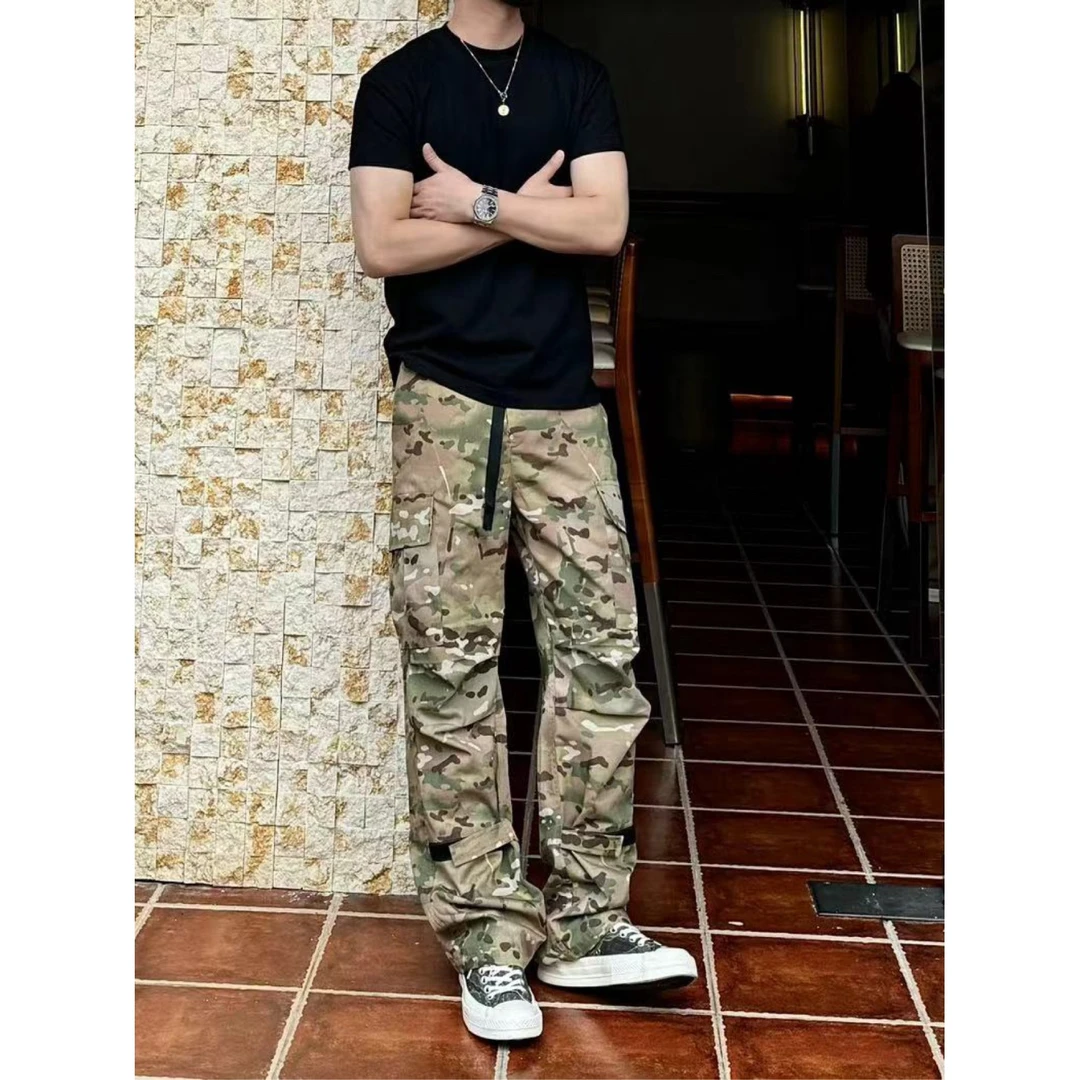 Hans院长复古登山工装裤男美式抽绳口袋魔术贴休闲户外伞兵裤ins