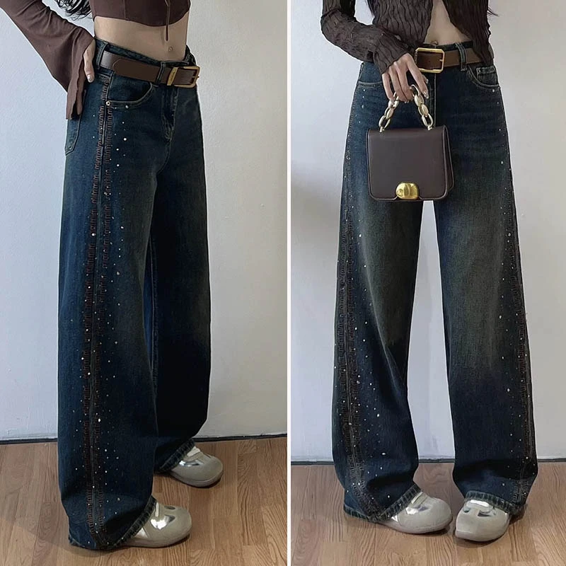 秋冬新款刺绣重工窄版牛仔裤女2024年高腰宽松显瘦垂感欧货阔腿裤