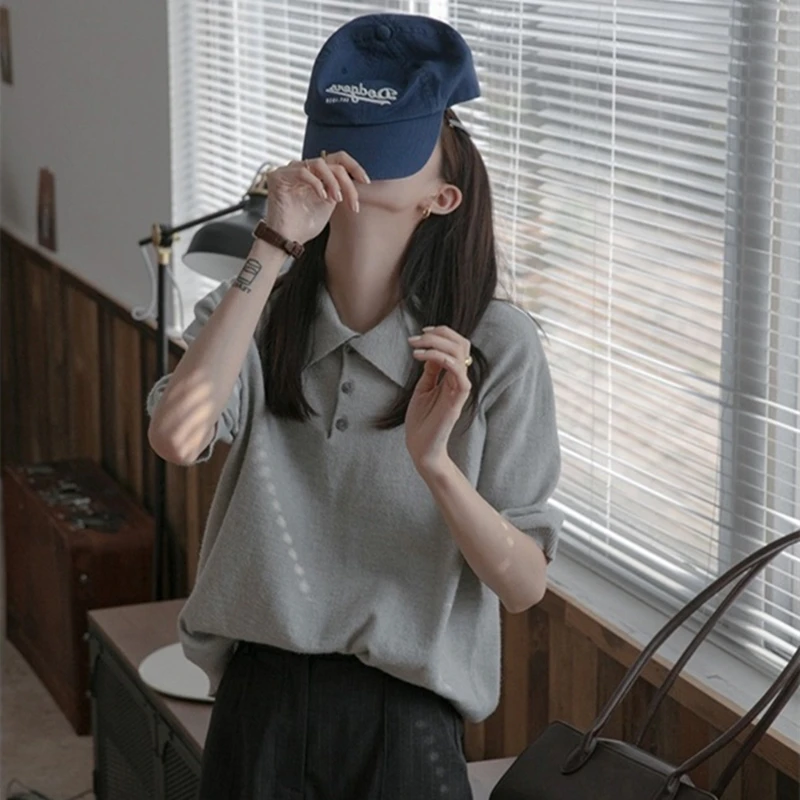 polo领短袖女夏季薄款简约复古翻领系扣半袖宽松百搭针织衫女上衣