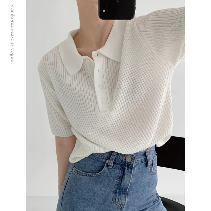 POLO领冰丝针织短袖T恤女夏季薄款显瘦韩系简约百搭休闲宽松上衣