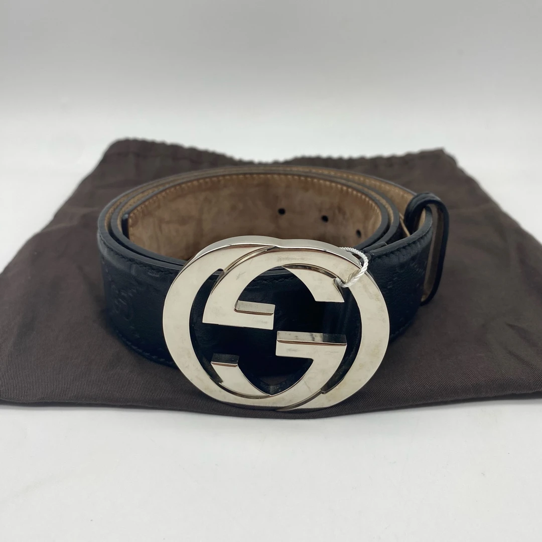 95新 GUCCI/古驰 银头黑色压花95码皮带/8914931