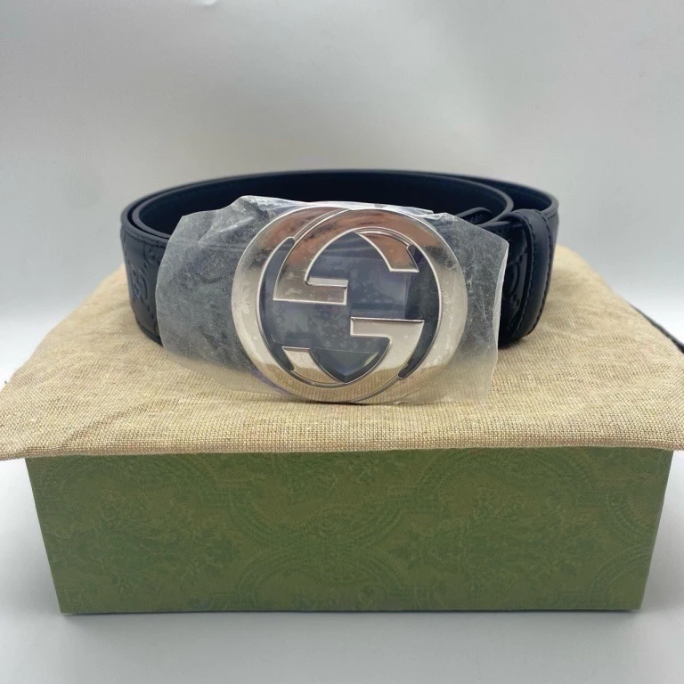 全新未使用 GUCCI/古驰 105码黑色压纹银扣皮带9157004