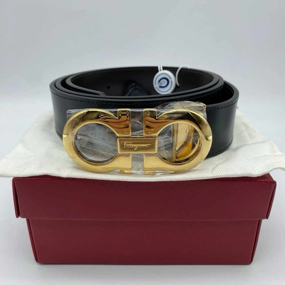 99新 FERRAGAMO/菲拉格慕 闲置115码金扣双面黑拼棕皮带/10448768