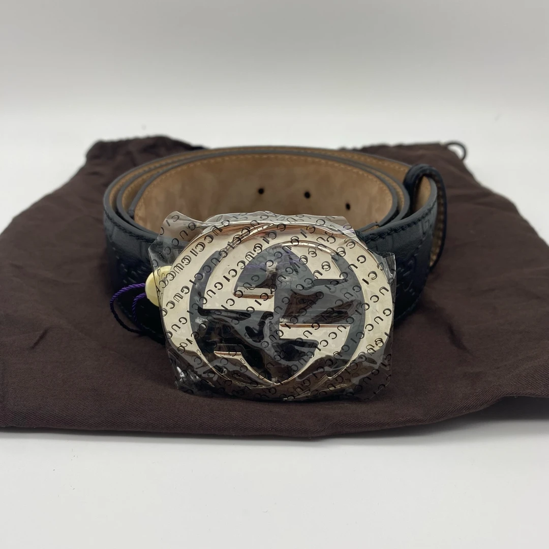 99新 GUCCI/古驰 银头黑色压花90码皮带/9151623