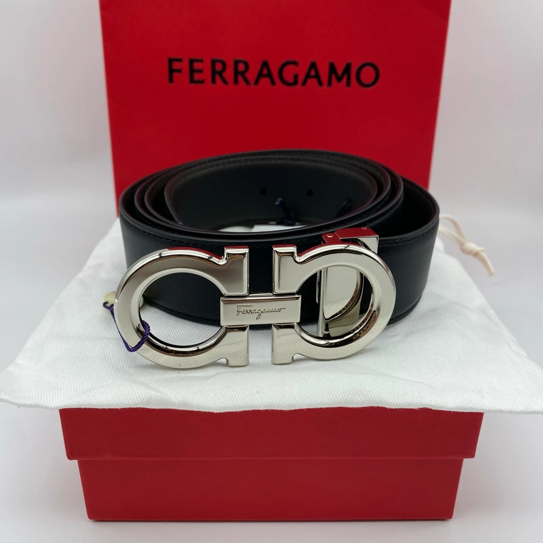 99新 FERRAGAMO/菲拉格慕 110码亮扣双面黑拼棕色10300921