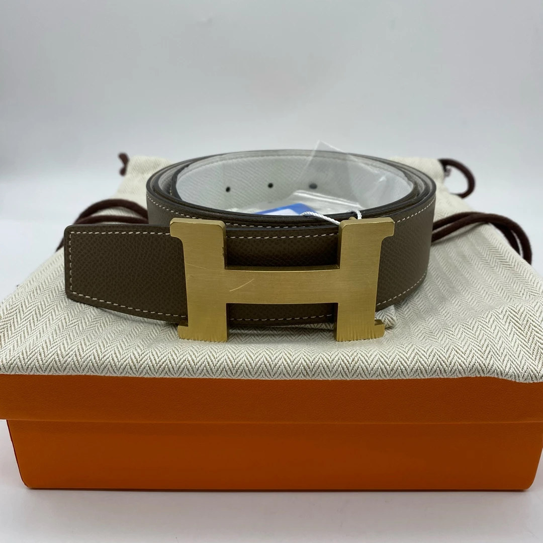 95新 Hermes/爱马仕 金头双面灰拼白色95码皮带/8692926
