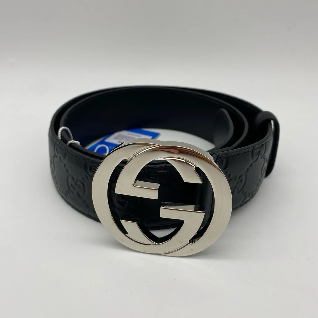 95新 GUCCI/古驰 90码银头黑色压纹皮带9030132