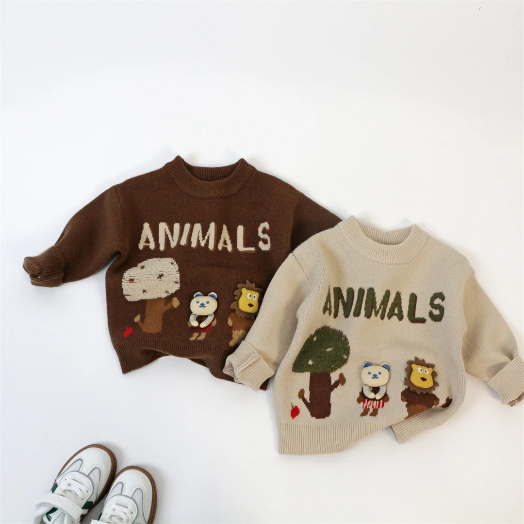 儿童毛衣春秋季新款保暖圆领套头加厚卡通男童女童宝宝针织打底衫