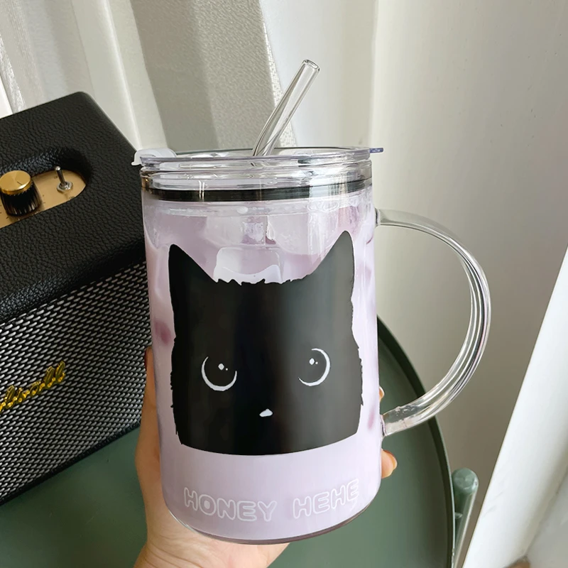 玻璃杯大容量带盖吸管杯女高颜值可爱猫咪办公室喝水大杯子1000ml