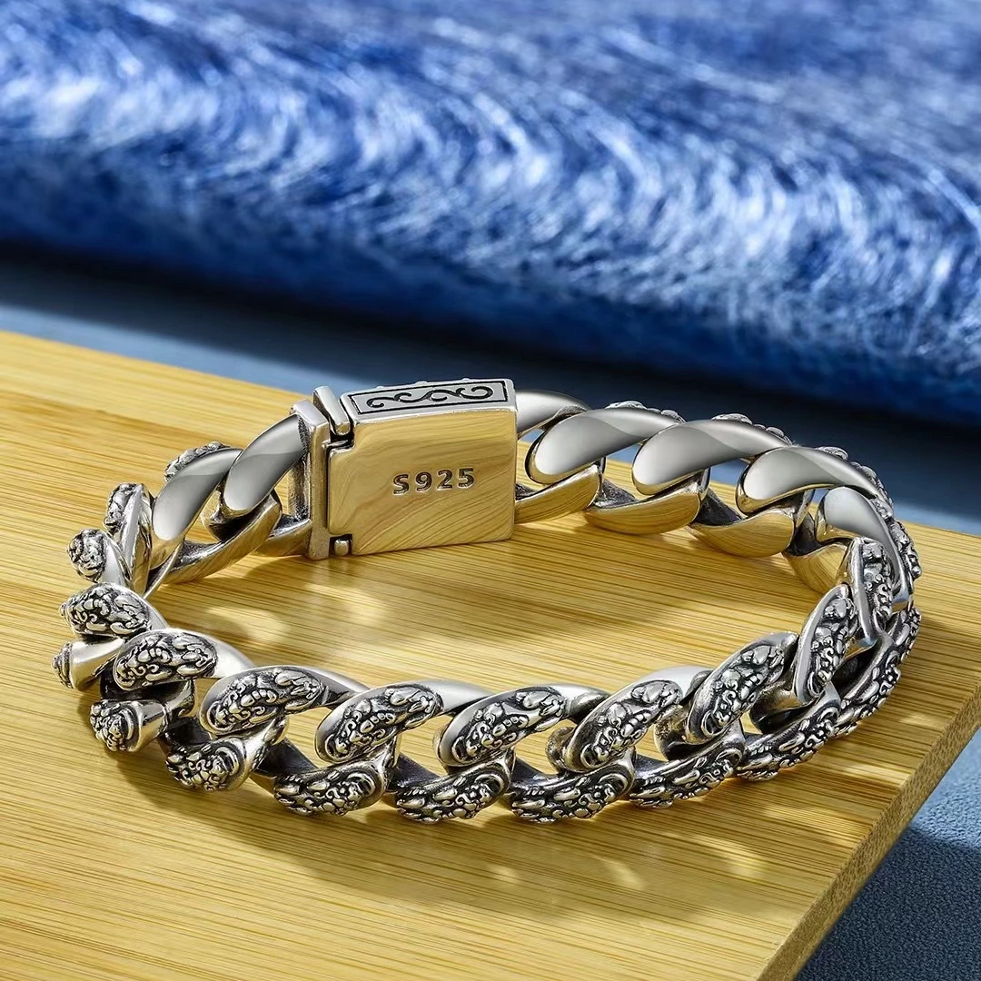 925银手链 925银貔貅复古手链男款时尚欧美朋克霸气古巴链潮流