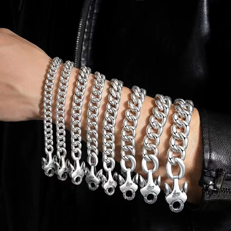 925银手链 925银复古金刚杵古巴手链情侣时尚霸气古巴链实心简约