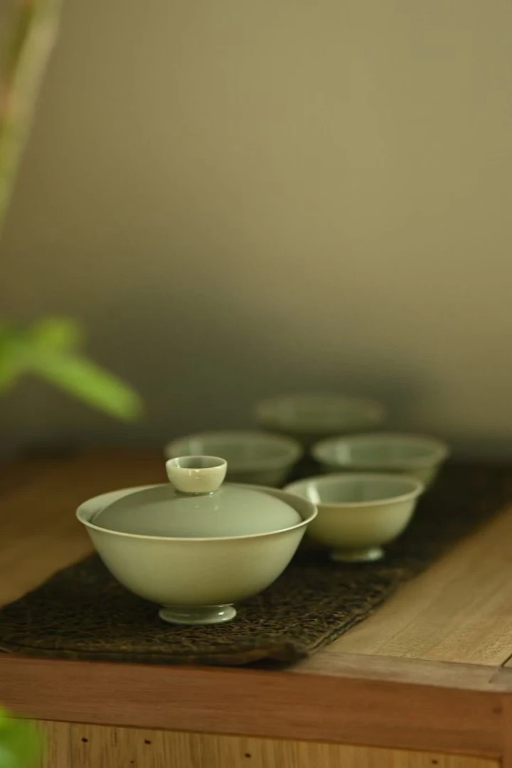 越窑秘色瓷 素色二才岩茶盖碗加单杯套组