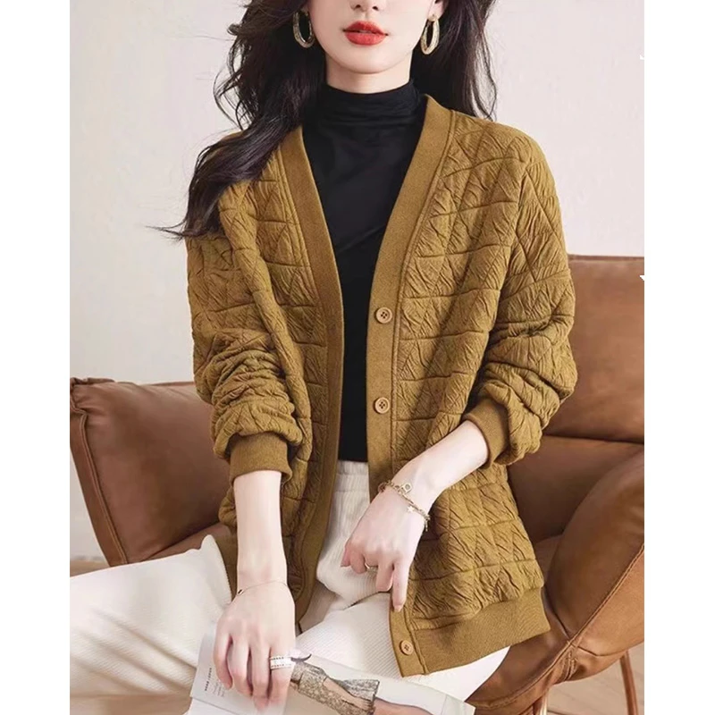 韩版时尚菱格V领开衫长袖外套女2024春秋季新款宽松百搭显瘦上衣