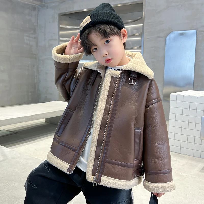 儿童冬装加绒皮衣外套2023新款男童洋气酷帅大童加厚皮毛一体绒潮