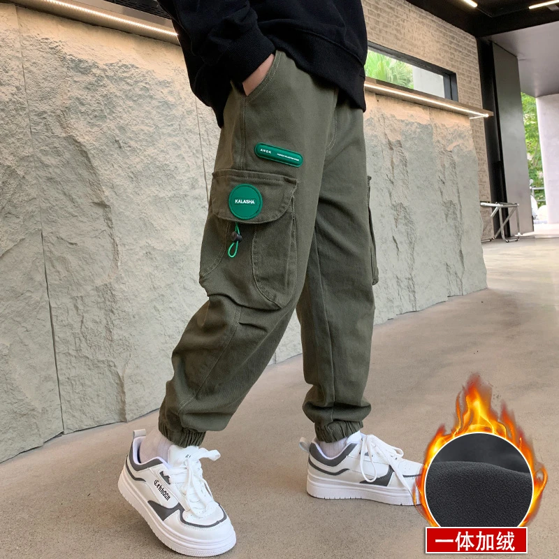 男大童裤子加绒裤子2023新款秋冬款加厚保暖大童冬季童装男孩工装