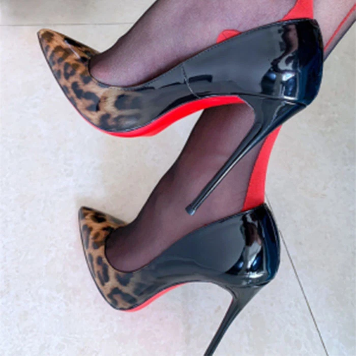 尖头单鞋豹纹漆皮鞋时尚女鞋12CM细跟性感气质浅口百搭欧美黑色
