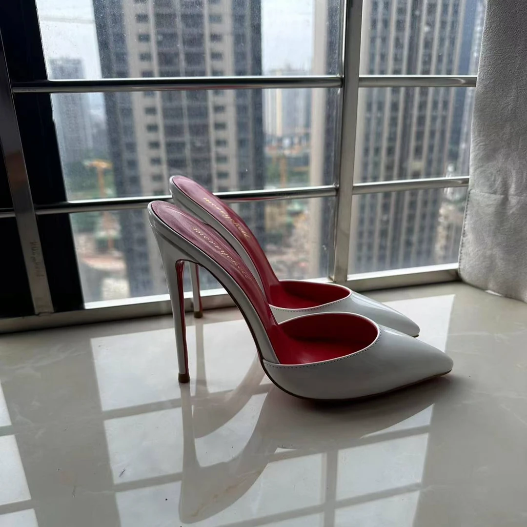 尖头高跟夏季百搭时尚气质白色凉拖鞋漆皮细跟12厘米春夏露趾