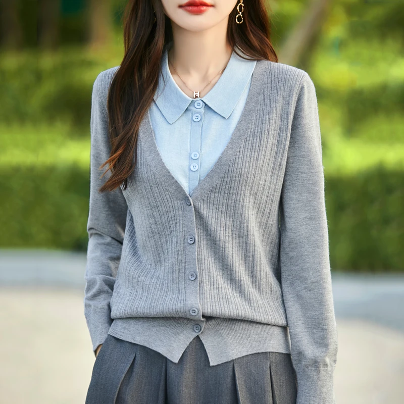 秋冬时尚拼色假两件POLO领长袖针织衫女新款减龄显瘦开衫正肩上衣