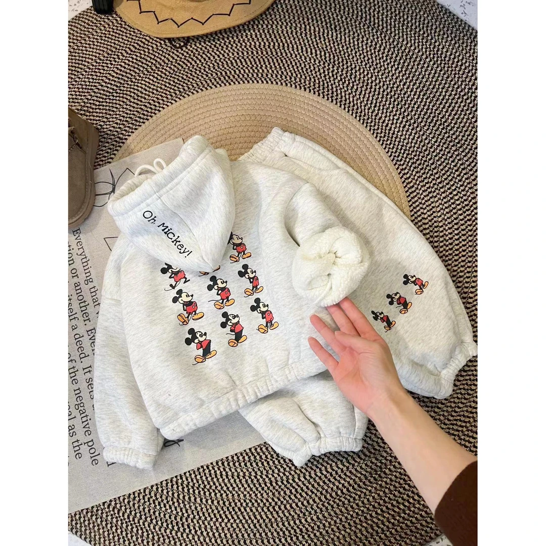 小米奇加厚升级儿童套装秋冬季加绒中小童卫衣宝宝保暖连帽两件套