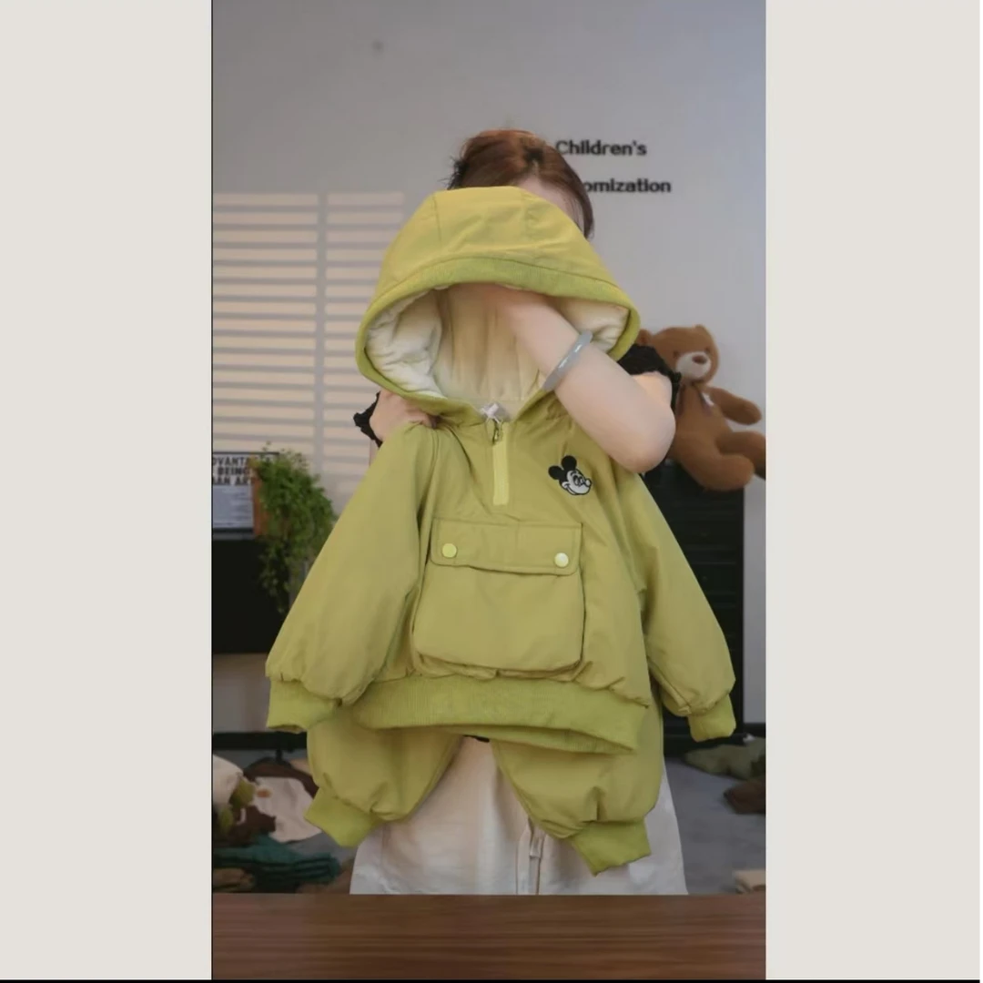 绗棉米奇儿童加绒加厚外套秋冬宝宝韩版宽松保暖套头外穿洋气棉衣