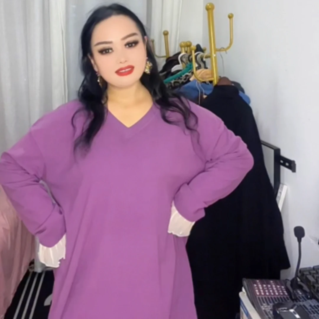 胖mm300斤特大码秋冬宽松慵懒风v领长袖打底衫中长款显瘦洋气上衣