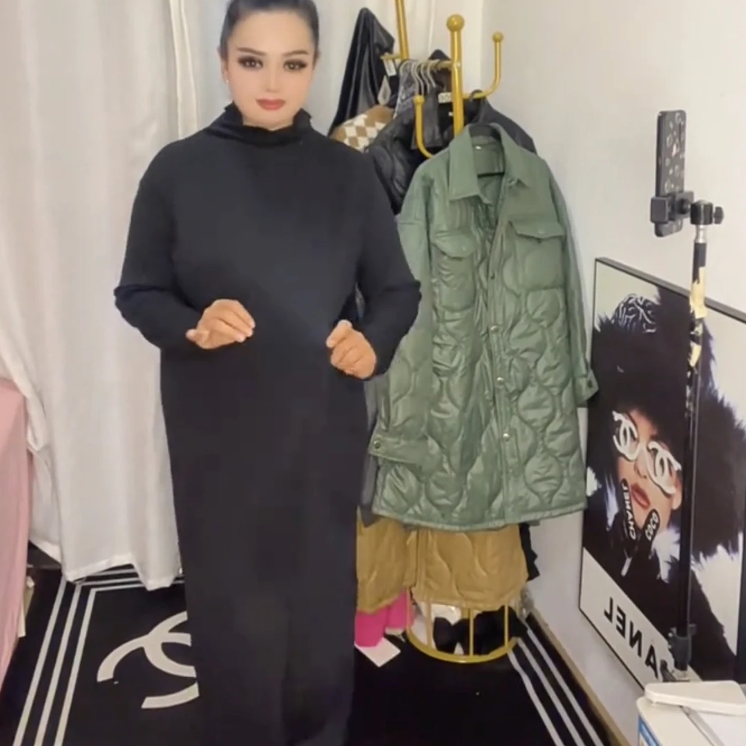 秋冬配大衣毛衣裙直筒宽松半高领毛衣针织连衣裙女过膝打底长裙子