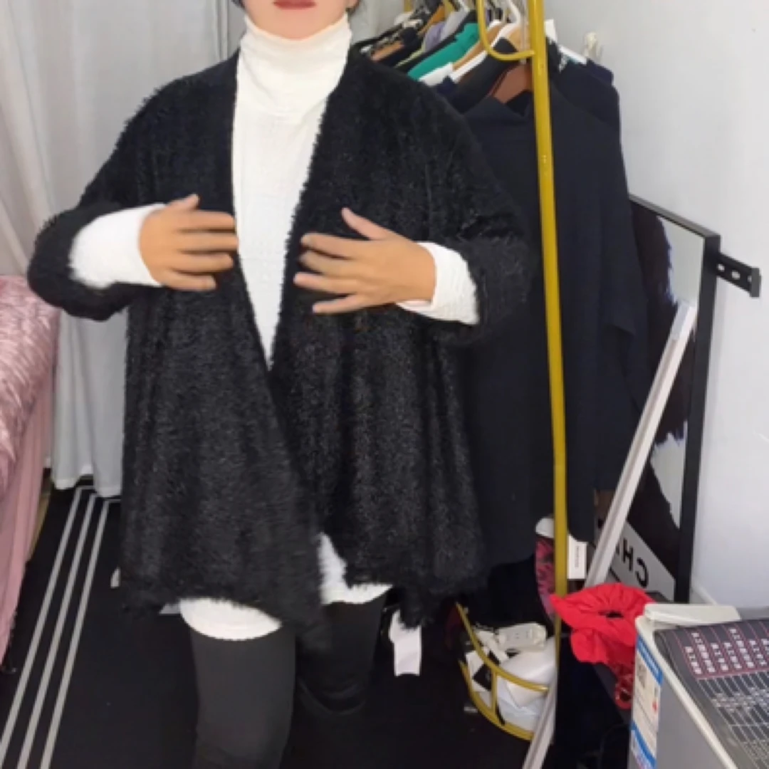 粉色包袖针织衫女秋冬新款中长款开衫温柔纯色毛衣外套薄款聚酯纤