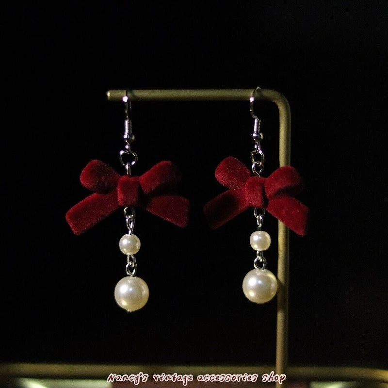 日韩红色丝绒少女蝴蝶结复古宫廷长款耳环耳勾无耳洞耳夹耳饰