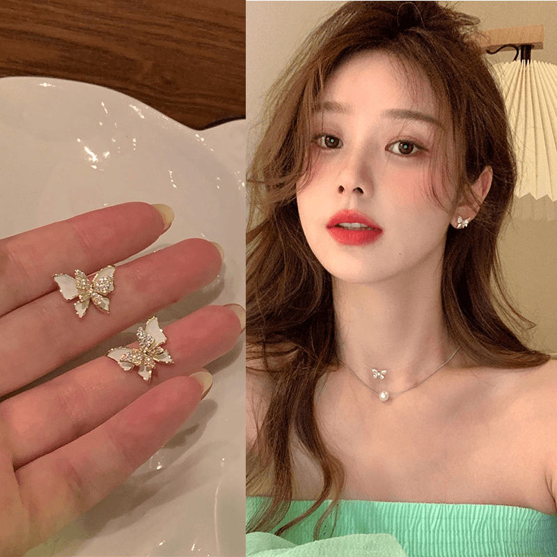 超仙镶钻蝴蝶耳环女小众设计感耳钉个性气质高级感耳饰品银针