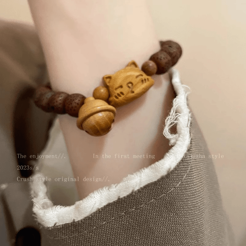 猫咪铃铛檀木菩提手串女秋冬复古新中式小众设计手链学生闺蜜手饰