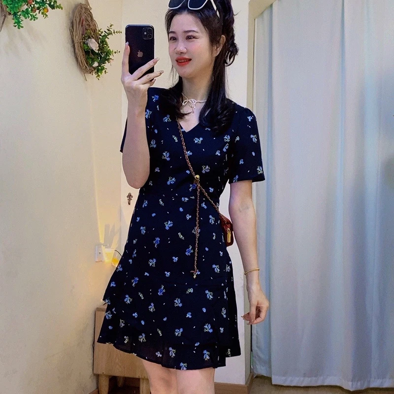 碎花法式女装连衣裙中长款短袖夏季小个子减龄修身气质裙子显瘦