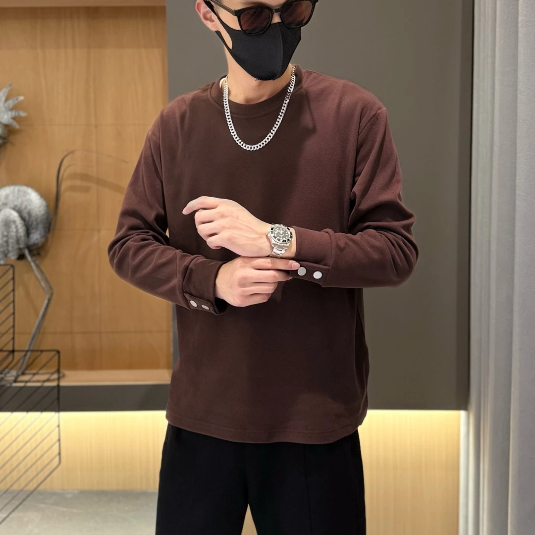 秋冬款双面绒打底衫设计款简约圆领卫衣开叉高级感长袖内搭T恤男t