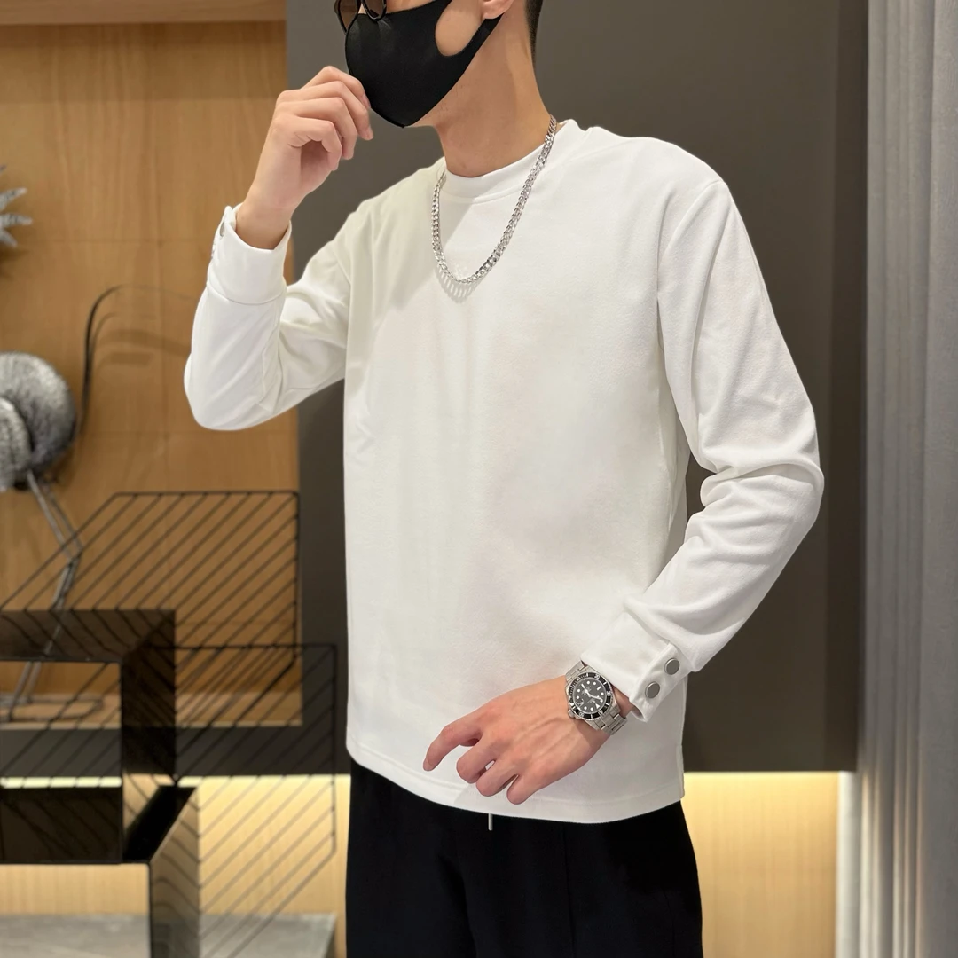 秋冬款双面绒简约T恤设计款圆领卫衣开叉高级感长袖内搭打底衫男t