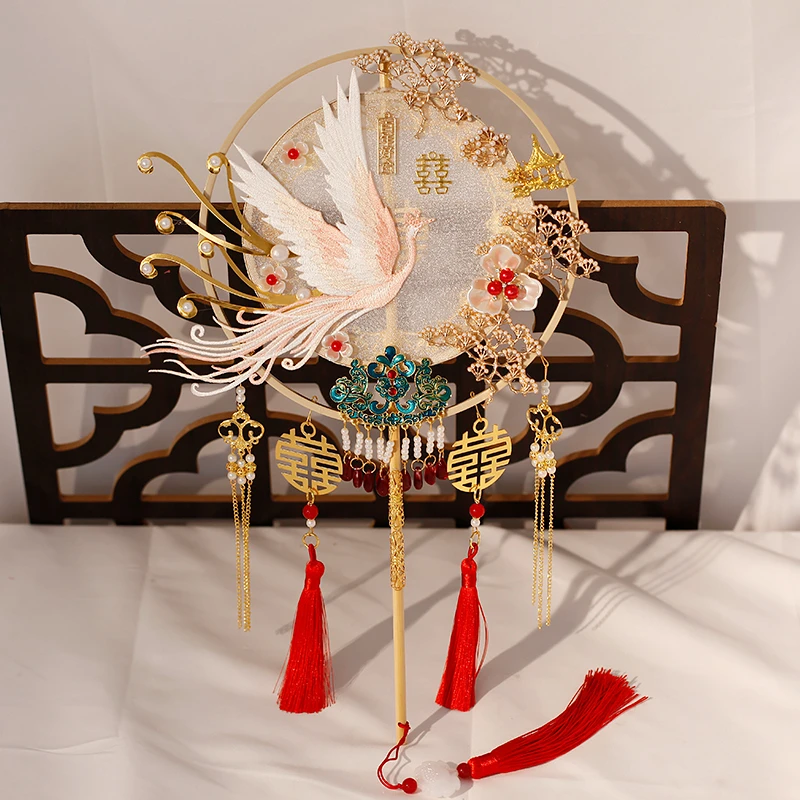 新娘结婚团扇喜扇diy材料包扇子婚礼手持秀禾扇凤凰汉服手工成品