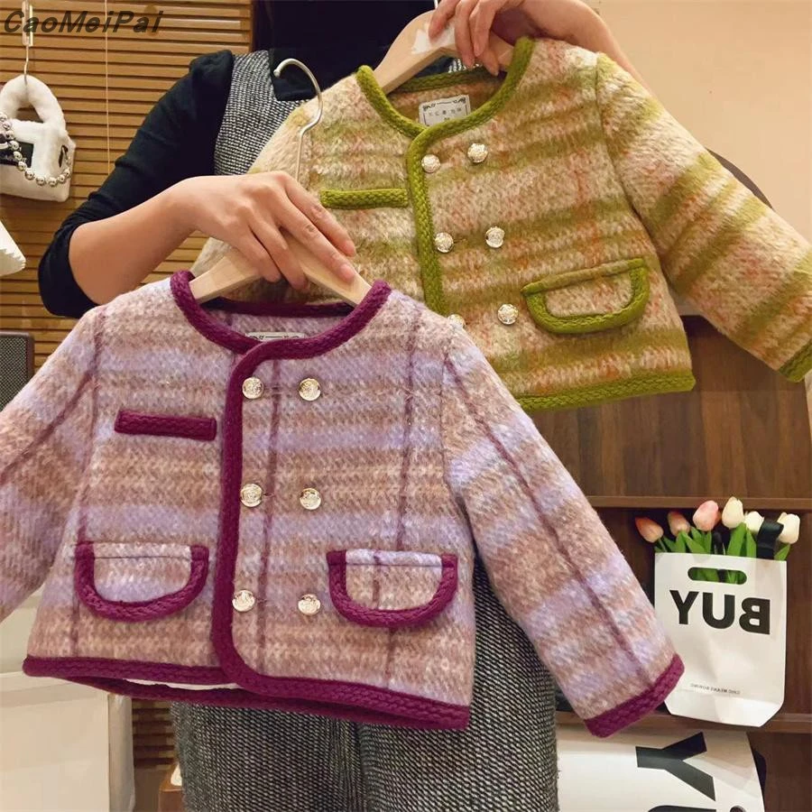 冬款外套女童小香风外套毛呢双排扣加棉秋冬加厚短款粗花呢子大衣