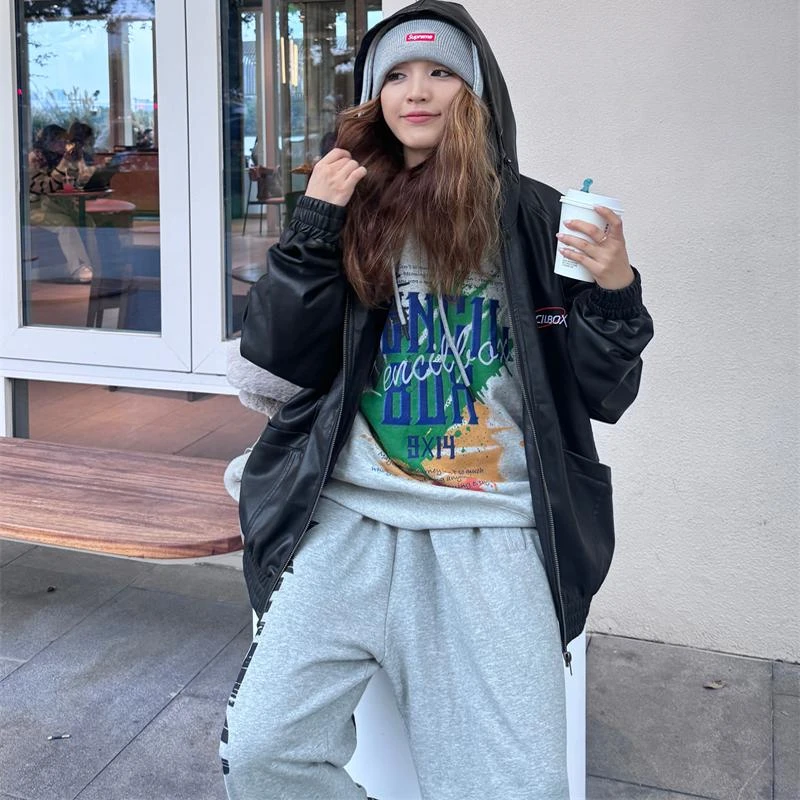 KencilBox千笔盒子黑色潮流街头休闲连帽皮衣